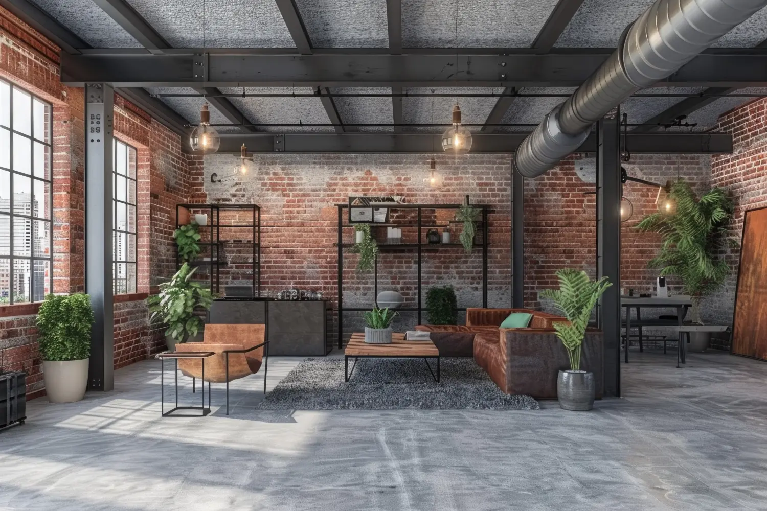 Ein modernes Wohnzimmer mit industrieller Backsteinwand und reichlich natürlichem Licht. Ideal für Innenarchitekturprojekte