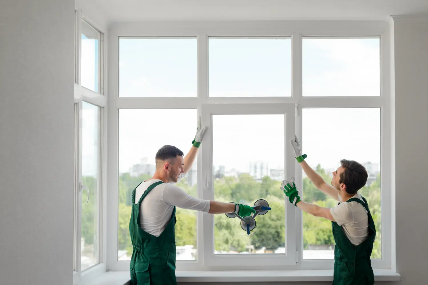 Bauarbeiter bauen ein Fenster ein